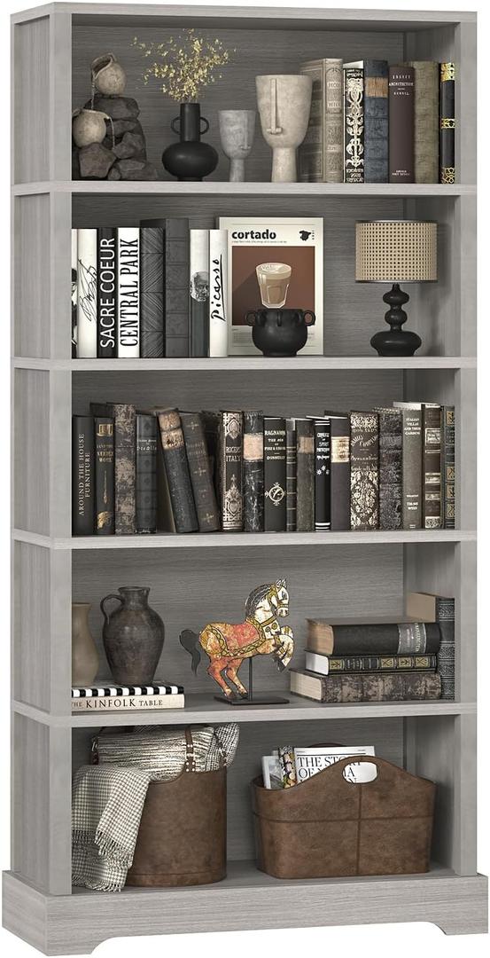 TVU 5 Tiers Wooden Bookshelf, 65.2" Tall Farmhouse Style Open Bookcase, 31.5" Wide Standing Book Shelf with Storage for Study Room, Living Room, Gray, 11.8" D x 31.5" W x 65.2" H