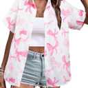 Hawaiian Shirts for Women Soft Cool Summer Hawaiian Shirt Floral Tropic Print Tees V Neck Button Up Short Sleeve Top (L)