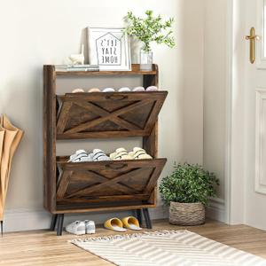 Incbruce Shoe Storage Cabinet with 2 Flip Drawers, Freestanding Ultra-Thin Shoe Cabinet with Wooden Legs for Entryway, Hallway, Bedroom (Brown - Small) (2-Drawers-Small)
