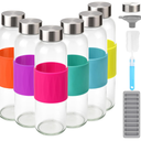 Zukro 18 oz Glass Water Bottles with Lids, 6 Pack Leak Proof Juice Bottles With Stainless Steel Cap for Juicing, Smoothie, Homemade Beverages Container, Reusable Drinking Jar with Grip Band, BPA Free