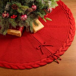 36 Inch Red Knitted Christmas Tree Skirt, Chunky Cable Knit with Braided Scalloped Edge, Perfect for Xmas Holiday Decorations