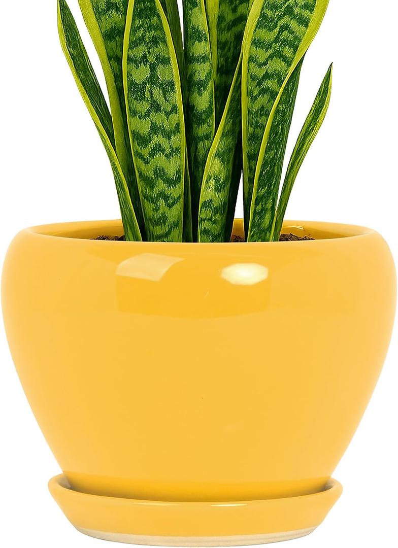 Deep Dream 8 Inch Plant Pots- Ceramic Pots for Plants with Drainage Hole and Saucer, Large Planter Pot for Indoor Plants Outdoor Decor, Yellow
