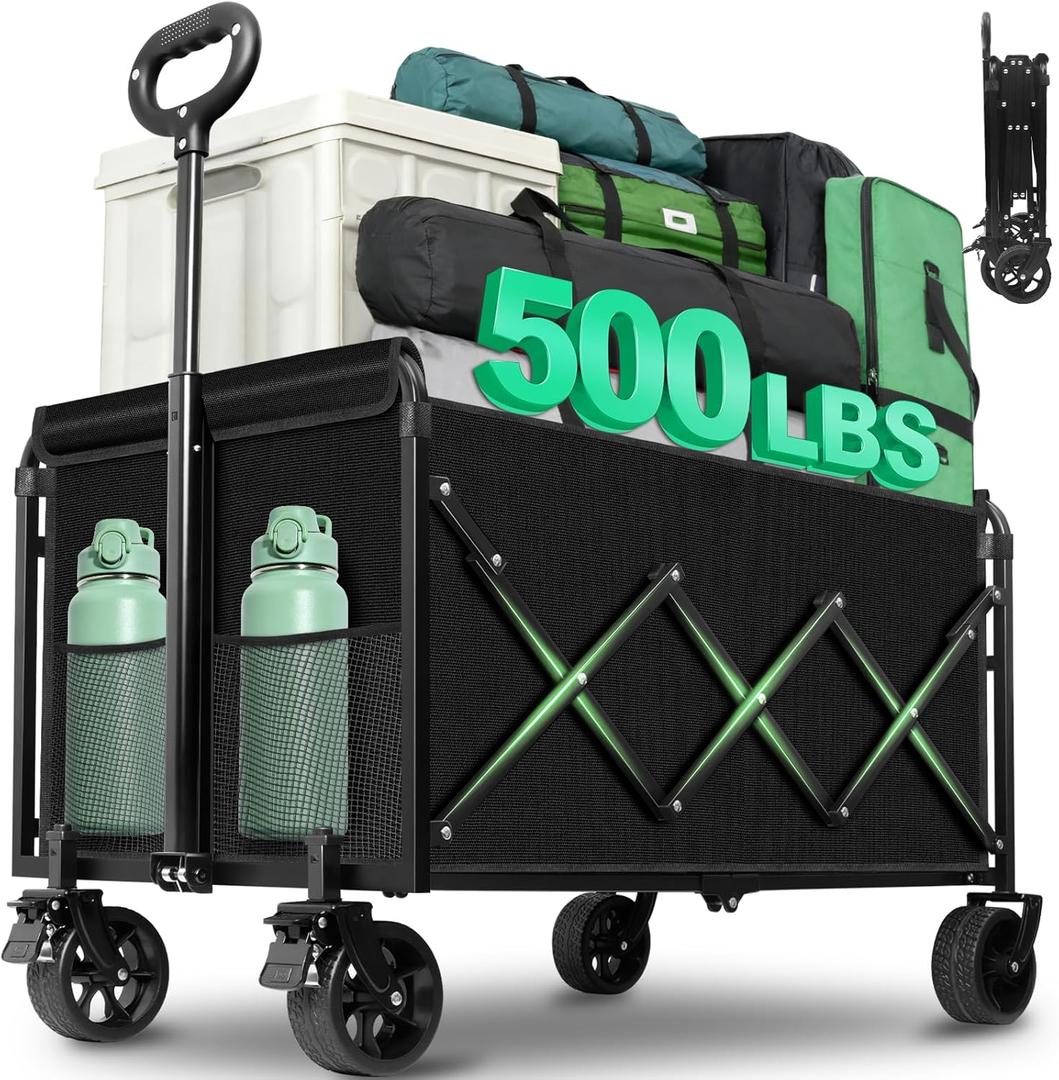 Collapsible Wagons Carts Foldable Heavy Duty, 500LBS Collapsible Wagon Cart Foldable with Wheels & Brakes, Large Folding Wagon Cart Utility for Camping, Picnic, Beach, Grocery, Sport, Shopping