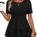 MEROKEETY Women's 2026 Summer Spring Tunic Babydoll Tops Short Sleeve Waffle Knit Shirts Casual Loose Peplum Blouses Black (Black, S)