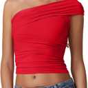 QINSEN Women's One Shoulder Sleeveless T-Shirt (Red)