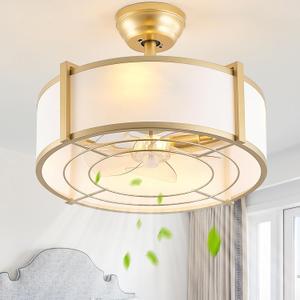 20" Gold Fandelier Ceiling Fans with Lights, Boho Rattan Chandelier Ceiling Fan with Light Remote Control, Mid-Century Modern Caged with 6 Speeds for Bedroom, Nursery