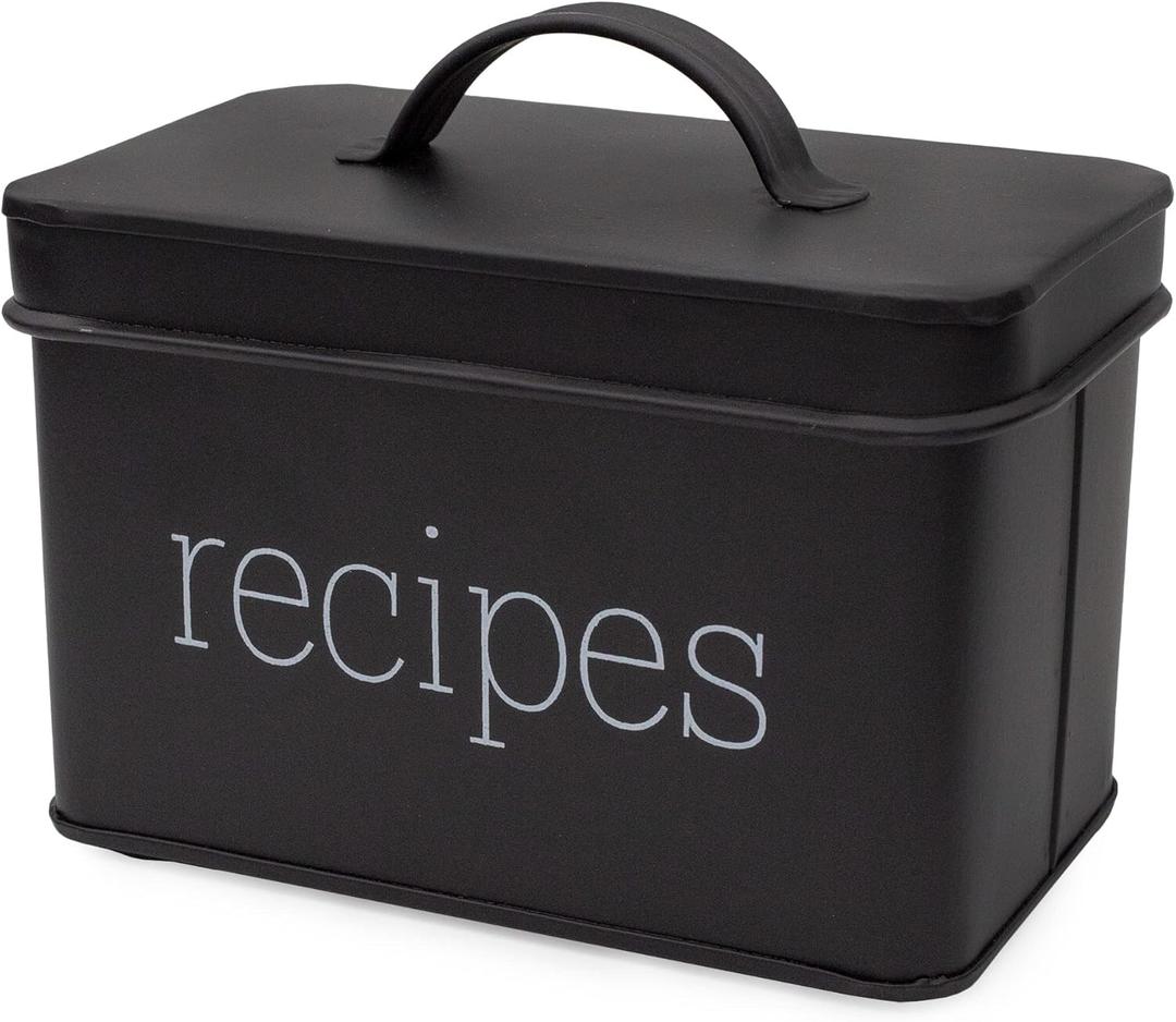 AuldHome Design Farmhouse Enamelware Recipe Box (Black); Vintage Style Metal Recipe Holder and Organizer for 4 x 6 Inch Recipe Cards