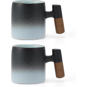 2.5oz Ceramic Espresso Cups with Wooden Handle, Porcelain Espresso Shot Cups Set of 2, Demitasse Cups for Coffee or Tea, Black, White