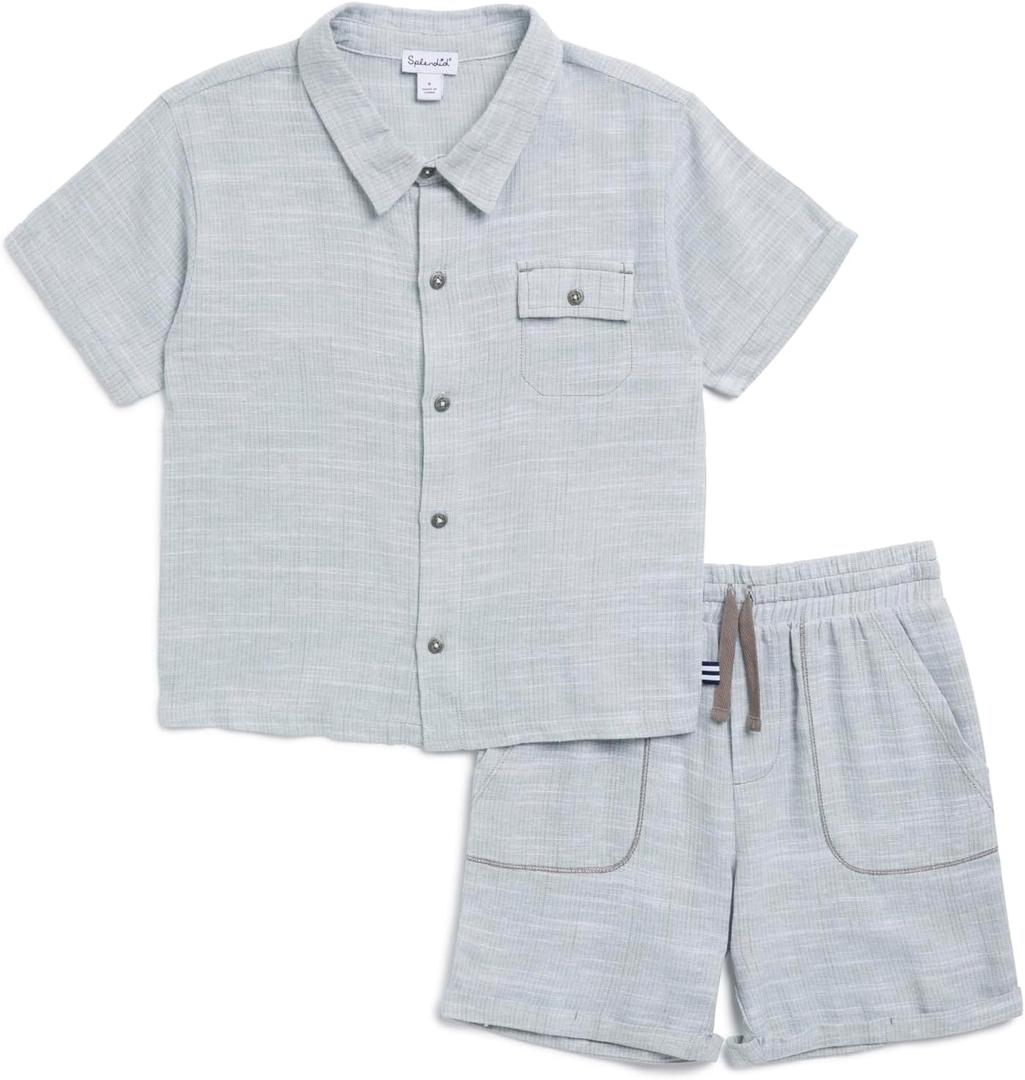 Splendid boys Boardwalk Linen Short Sleeve Button Down Shirt and Shorts 2-Piece Set, Light Sage Stripe Size 2