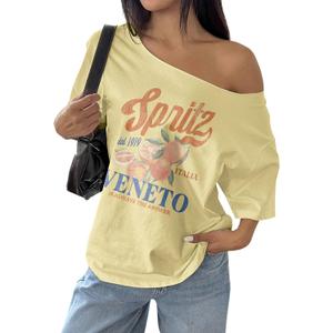 SOLY HUX Women's Off The Shoulder Graphic Tees Oversized Tops Short Sleeve Drop Shoulder Summer Baggy Tshirts Yellow Letter, Large