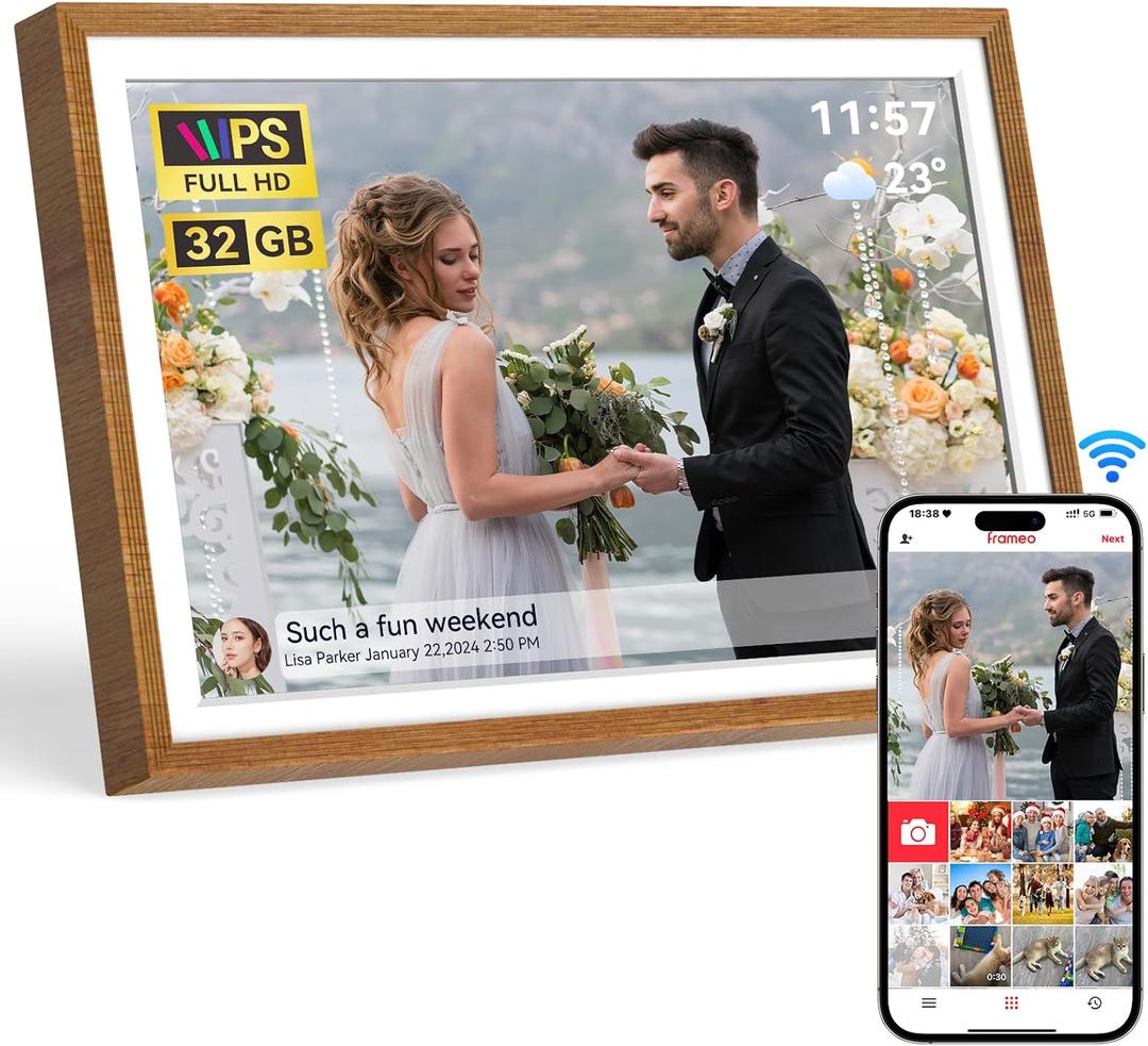 Frameo 10.1" Digital Picture Frame with 32GB Memory WiFi Electronic Photo Frame Wood HD Touch Screen AutoRotate Slideshow Wall Mountable Share Photos/Video Remotely Anywhere(Warm Wood)