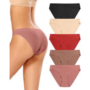 voenxe Women Bikini Underwear, Seamless Breathable Ladies Panties, No Show Comfortable Briefs Undies, Invisible Hipster, 5-Pack (Large)