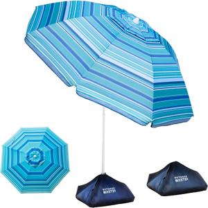 OutdoorMaster Beach Umbrellas for Sand with Sandbag & Anchor, 6.5ft Adjustable Umbrella for Beach Heavy Duty Wind, Portable UPF50+ Sunshade with Carry Bag for Patio, Light Blue Striped