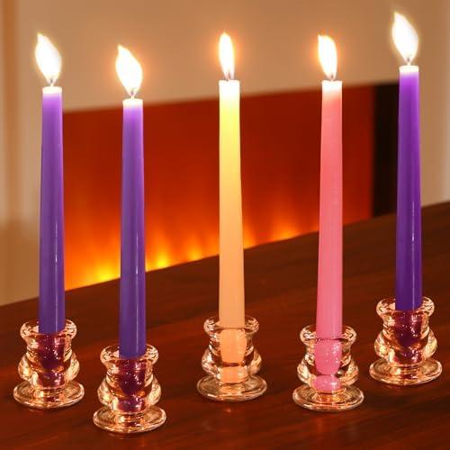 MTLEE 10 Pcs 10 Inch Christmas Advent Candles and Clear Glass Candlestick Holders Set for Table Centerpiece Wedding Festival Church Decoration