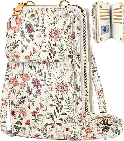 Cute Crossbody Purse Cell Phone Bags for Women - Leather Cellphone Wallet Purse with Adjustable Shoulder Rope (Floral)