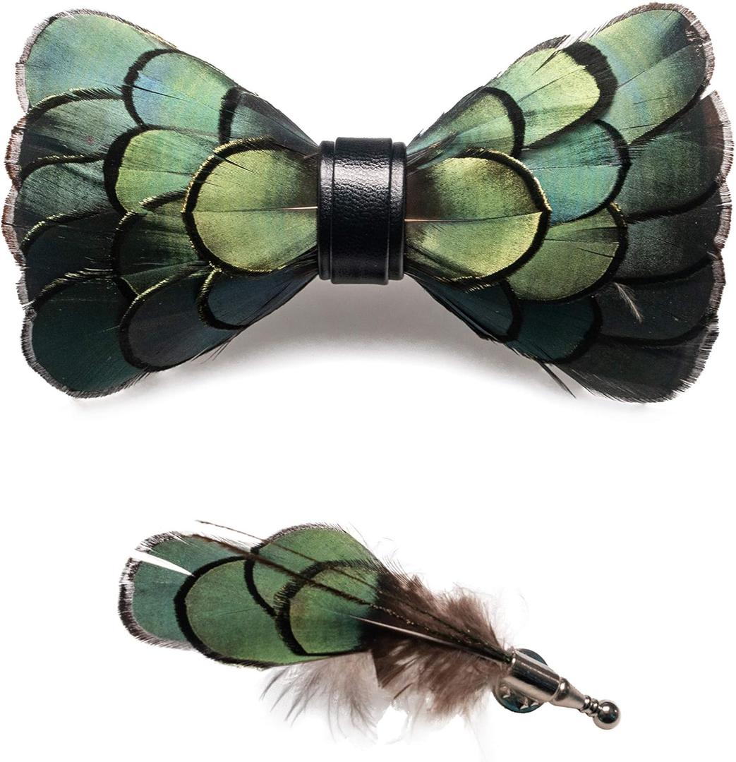 RBOCOTT Handmade Feather Pre-tied Bow tie and Brooch Sets for Men (Light Green)