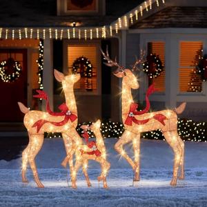  3 PCS Large Lighted Christmas Reindeer Family with 440 LED Lights & Bows Buck