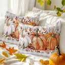 Thanksgiving Pumpkin Throw Pillow Covers 12x20 Set of 2,Fall Leaf Flower Decorative Pillow Covers, Gray White Plaid Cushion Case for Sofa Couch Patio Garden Bedroom