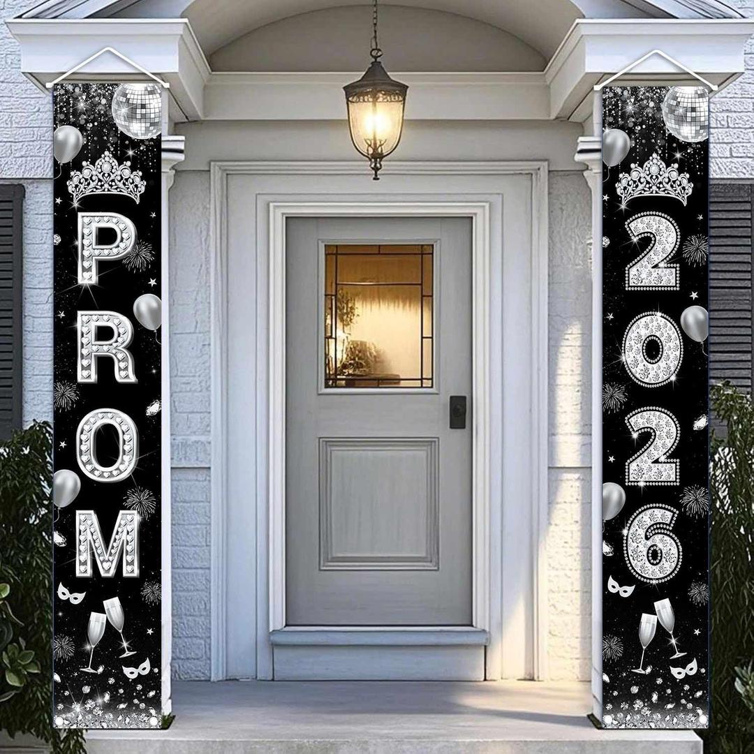 AIBIIN Prom Decorations 2026 Prom Send Off Decorations 2026 Porch Sign Black Silver Sparkle PROM Porch Banner Welcome Sign for High School College Graduation Party Supplies 