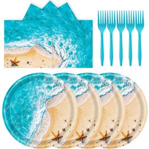72 Pcs Ocean Waves Paper Plates Disposable Beach Party Birthday Dessert Plates Napkins Forks Tableware Set Summer Pool Party Decoration Supplies for Baby Shower Blue Ocean Hawaiian Birthday, Serve 24
