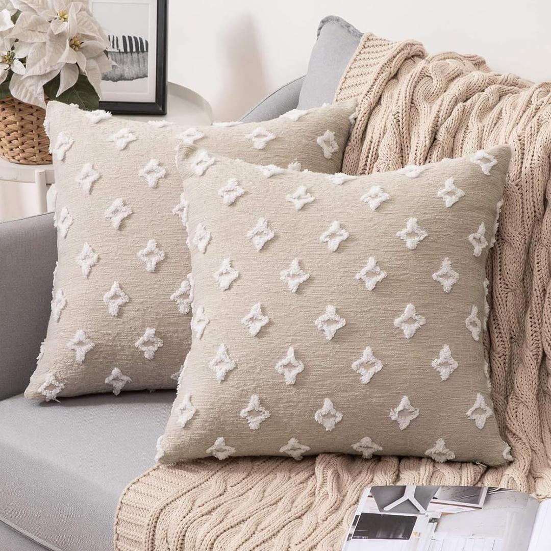 MIULEE Set of 2 Decorative Throw Pillow Covers Rhombic Jacquard Pillowcase Soft Square Cushion Case for Couch Sofa Bed Bedroom Living Room, 16x16 Inch, Beige (16" x 16" (Pack of 2), Beige)