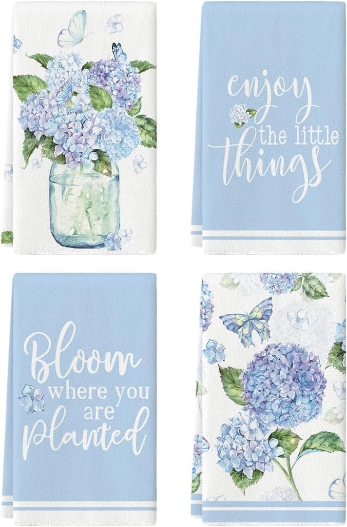 Artoid Mode Blue Hydrangea Motto Spring Kitchen Towels Dish Towels, 18x26 Inch Farmhouse Decoration Hand Towels Set of 4