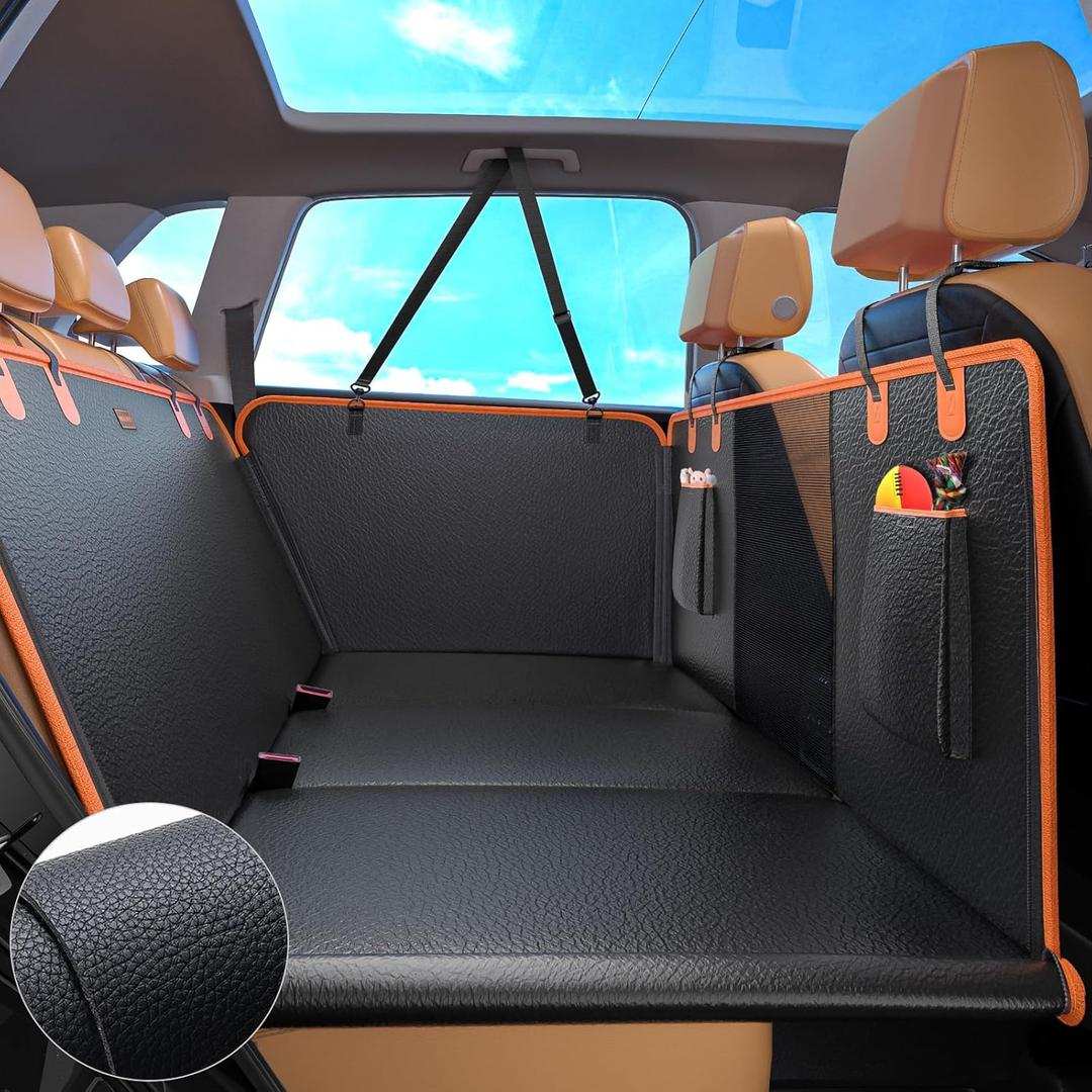 MIXJOY Back Seat Extender for Dogs, Dog Car Cover for Back Hard Bottom Holds 400LBS, Backseat Cover Bed PU Leather-Waterproof Anti-Scratch, Hammock for Car SUV Protector with Seat Belt
