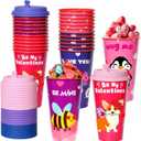 24 Pack Valentines Day Party Favors Goodie Cups 16OZ Reusable Plastic Cups with Dog Bee Sheep Penguin Patterns with Lids Plugs, Wedding Anniversary Party Supplies Decorations