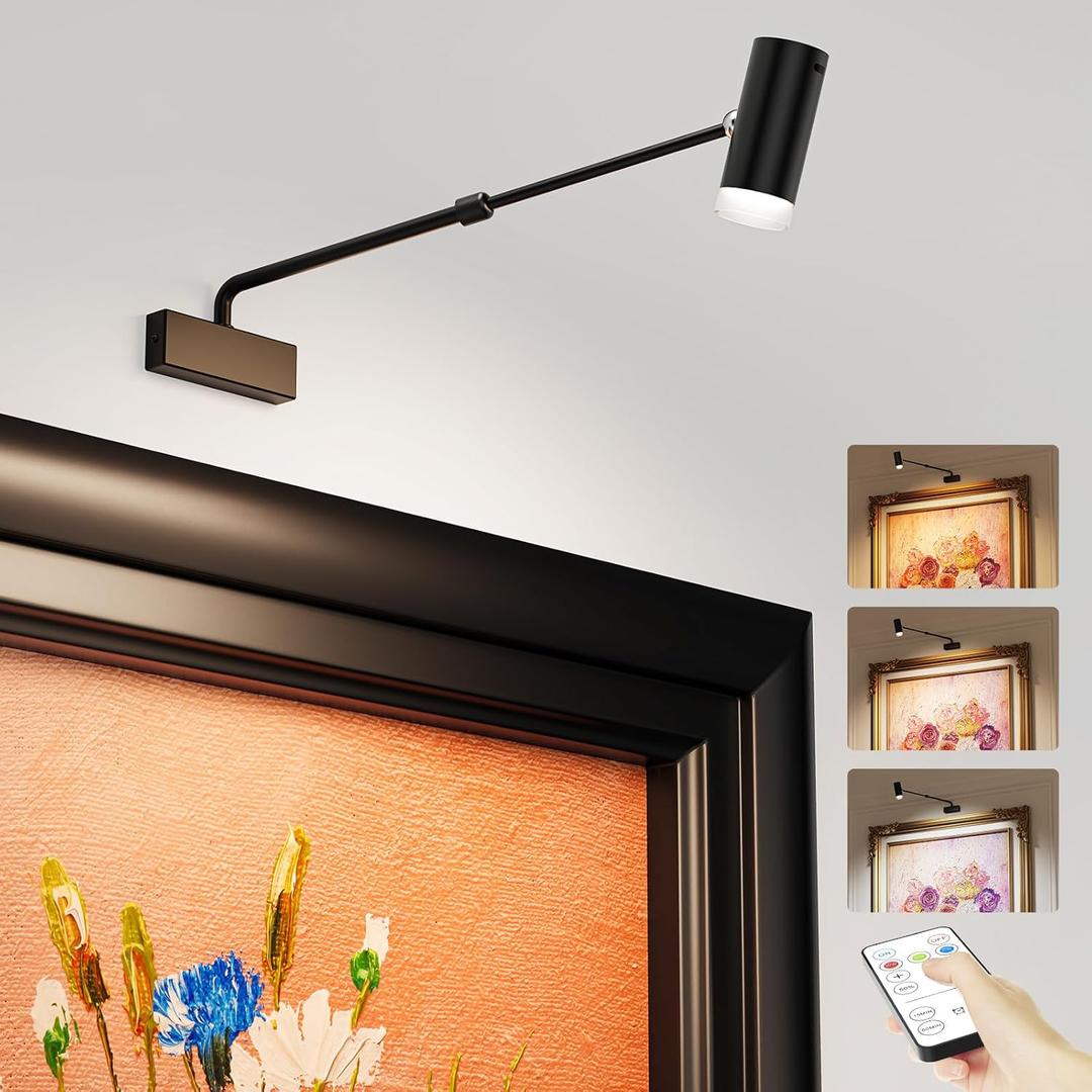 PESUTEN Battery Operated Picture Light, Adjustable Length Wireless Art Light for Paintings CCT Dimmable Rechargeable Picture Light with Remote Control for Gallery Reading Dartboard Bathroom (Black)