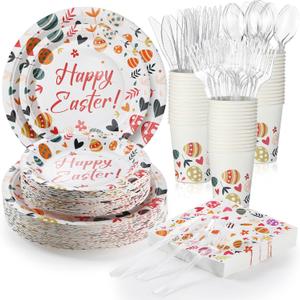 FoldTier 350 Pcs Easter Plates and Napkins Set Include 100 Egg Paper Plates 50 Cups 50 Napkins 50 Sets Cutlery Easter Party Supplies Disposable Tableware for Table Decoration, Serve 50 Guests