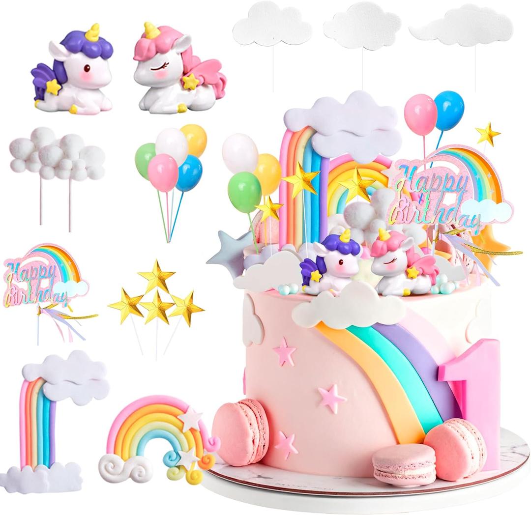 23 PCS Unicorn Cake Topper Rainbow Cake Decorations, Rainbow Butterflies Colorful Balls Happy Birthday Cake Decorations for Unicorn Birthday Party Supplies