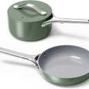 Caraway Mini Cookware Set - Non-Stick Ceramic Fry Pan (1.05 qt, 8") Sauce Pan (1.75 qt) & Storage Rack - Non Toxic, PTFE & PFOA Free - Oven Safe & Stovetop Agnostic (Gas, Electric & Induction) - Sage