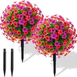 Hotop 2 Pack 22" Artificial Boxwood Ball Topiary Flower Trees with Ground Spike, UV Resistant Weatherproof Faux Floral Shrubs for Outdoor Garden Patio Porch Indoor Home Decor(Purple and Pink)