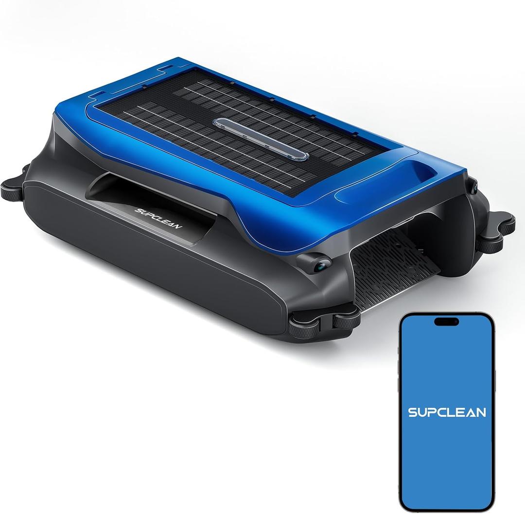 24/7 Solar Powered Pool Skimmer Robot with APP Support, Automatic Electric Floating Surface Cleaner for Above Ground & Inground Pools, Auto Robotic Pool Skimmer Bluetooth ControlBlue
