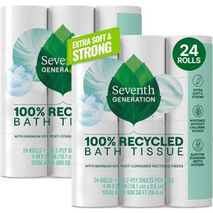 Seventh Generation Toilet Paper White Bathroom Tissue 2-ply 100% Recycled Paper without Chlorine Bleach 24 count, Pack of 2, 48 Count