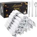 Liacere 100 Pack Silver Plastic Silverware-Pre Wrapped cutlery and Napkin-Pre Rolled Silverware Disposable 100 Forks, 100 Knives 100 Spoons, 100 Napkins Plastic UtensilsWedding