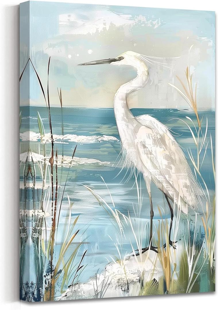 AWPANERAR White Heron Canvas Wall Art Coastal Bird Pictures Prints Blue Ocean Poster Beach Egret with Reed Painting Artwork for Bathroom Decor Framed (30L x 20W)