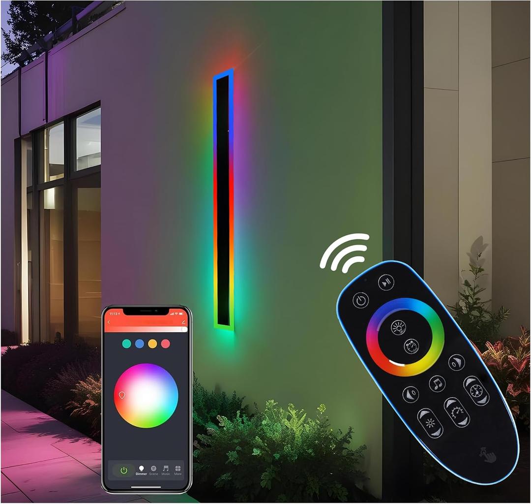 23.6 Upgraded Modern RGB Wall Lights Indoor/Outdoor LED Wall Sconce with Remote & App, Cool/Warm White, Party Mode, IP65 Waterproof & Rustproof for Home, Business, or Gaming Spaces