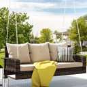 DWVO 3 Seats Porch Swing Hanging Bench Swing Outdoor Wicker Patio Swing Lounge Front Rattan 794lbs for Garden, Balcony, Brown&Beige