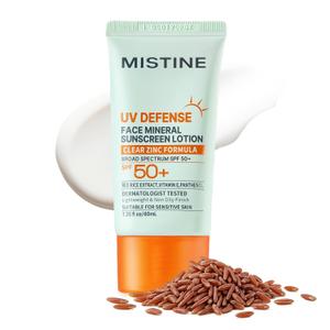 MISTINE Mineral Sunscreen Lotion SPF 50+, 17.88% Zinc Oxide Lightweight Non Oily Finish Korean Sunscreen for Sensitive Skin, Fragrance Free, Non comedogenic, Reef Safe, Travel Size-1.35 Fl Oz/40mL