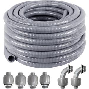 1-1/4inch 50FT Electrical Conduit Kit,Liquid-Tight Conduit and Connector Kit with 4 Straight and 2 Angle Fittings Included,Flexible Non Metallic Liquid - Tight Conduit(1-1/4" Dia,50 Feet)