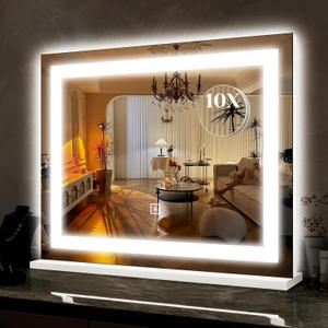 ROLOVE 22x19 Inch Lighted Vanity Mirror, Large LED Makeup Mirror with 3 Color Modes, Dimmable Touch Control, Wall Mount & Tabletop, with Detachable 10X Magnification Mirror, White