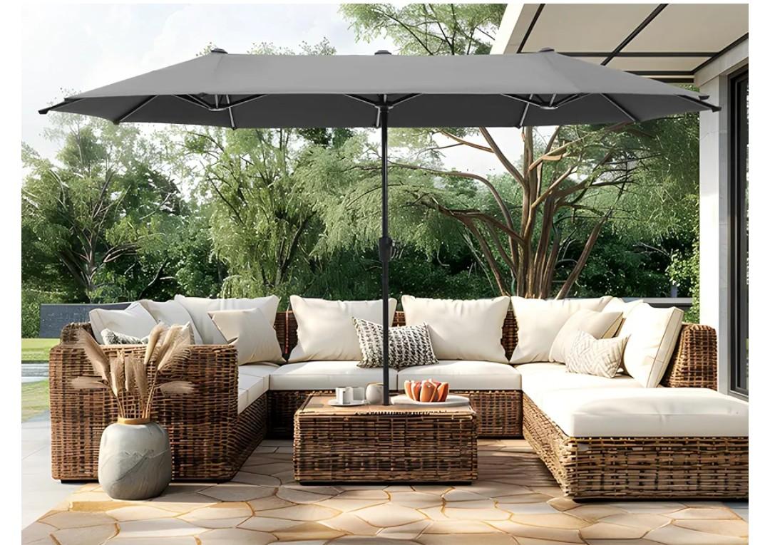 PHI VILLA 13ft Large Patio Umbrellas, Double-Sided Outdoor Market Rectangle Umbrella for Outside, Light Gray