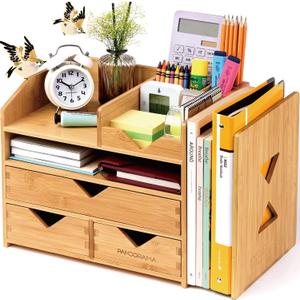 Pandorama Bamboo Desk Organizer Large - A4 Drawers & Adjustable File Holder, Fully Assembled Wood Desktop Storage for Kitchen, Bedroom, Bathroom, Study Room, 13.2