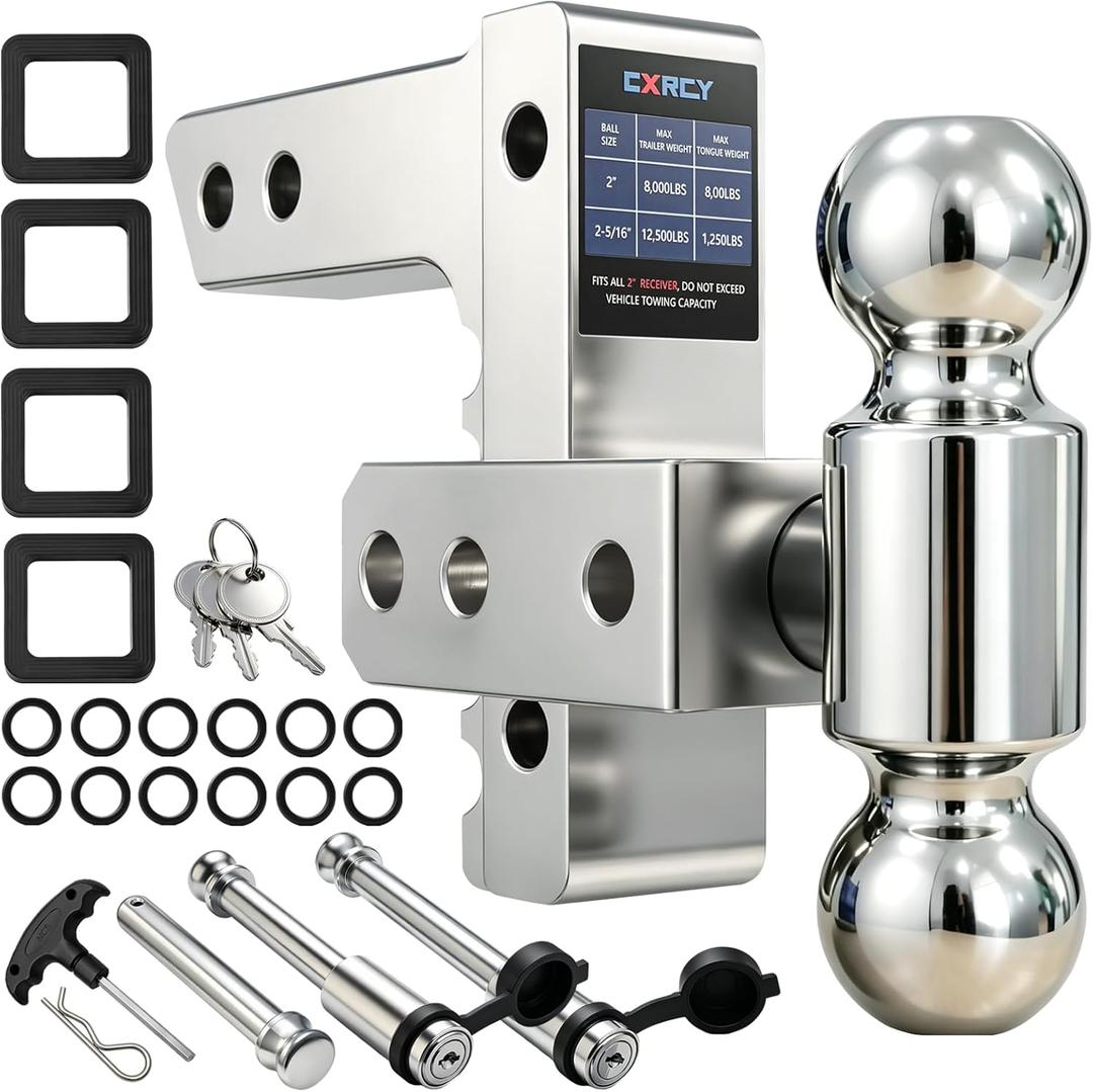 Adjustable Trailer Hitch-6 Inch Drop/Rise (Fits 2-Inch Receiver),Heavy Duty Aluminum Tow Hitches(2"&2-5/16"Ball),Trailer Max 12500LBS,Dual-Position Locking Pin(US patents,No.US012304258B1)