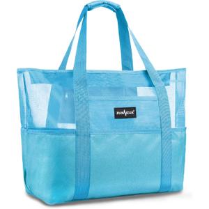 ZUXNZUX Mesh Beach Bag - Large Waterproof Beach Tote Bag with Zipper, Oversized Foldable Lightweight Family Swim Bag Vacation (Blue)