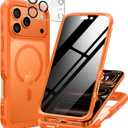 seacosmo for iPhone 17 Pro Max Case, Full Body Bumper with Built-in Tempered Glass Privacy Screen and Camera Lens Protector, Compatible with MagSafe, Shockproof 17 ProMax Phone Case 6.9", Orange Matte