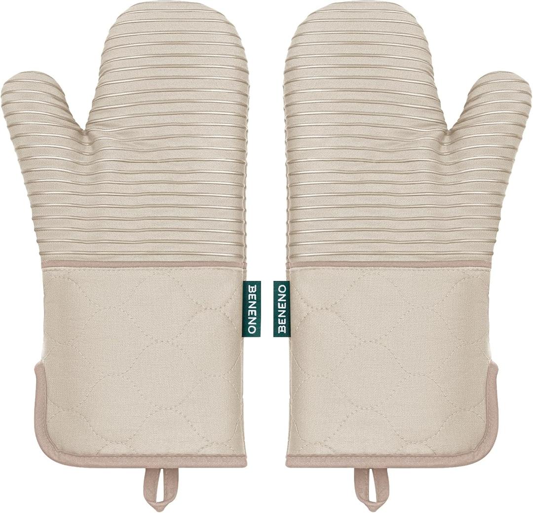 Beneno Kitchen Oven Mitts 2-Pack Heat Resistant to 500°F with Non-Slip Silicone Grip, Extra Long 14.3" Forearm Protection, Soft Quilted Cotton Terry Lining, Ideal for Cooking, Baking, Grilling, Beige