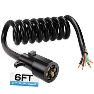 6 FT 7 Pin Trailer Plug, Trailer Wiring Harness with Double Prongs, 7 Way Coiled Trailer Cord End Connector Harness for RVs, Easily to Trailer Lighting System