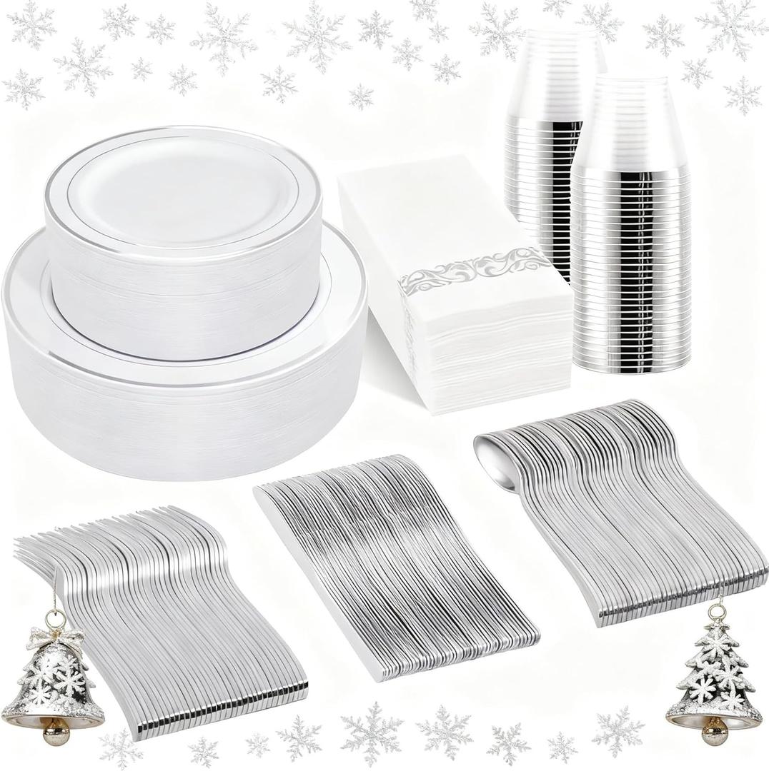 bUCLA 350PCS Silver Plastic Dinnerware Set for 50 Guests - Silver Plates Disposable Include 50 Dinner & 50 Dessert Plates,50 Forks,50 Knives,50 Spoons,50 Cups,50 Napkins for Party & Christmas